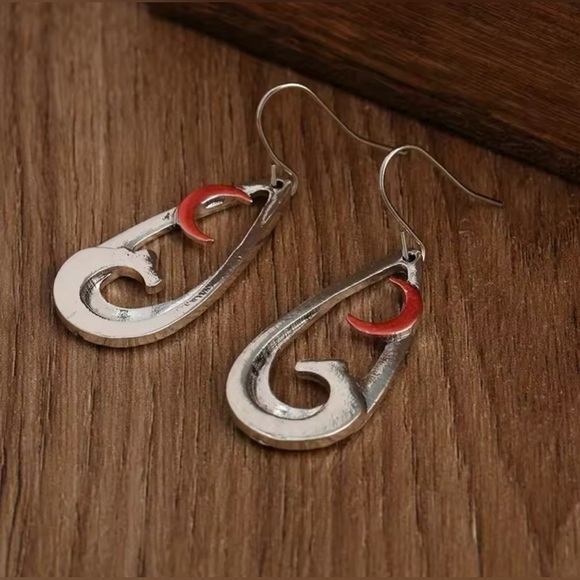 Tibetian Silver Bohemian Ocean Waves & Red Crescent Moon Tear Drop Earrings - Picture 5 of 6